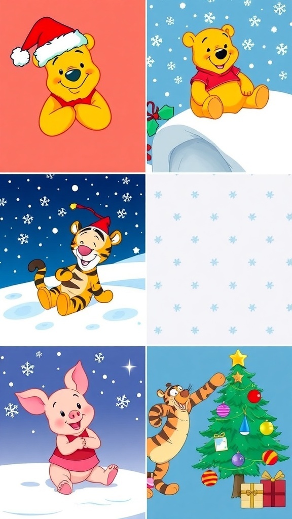Cute Christmas wallpapers featuring Winnie the Pooh and friends in festive settings.
